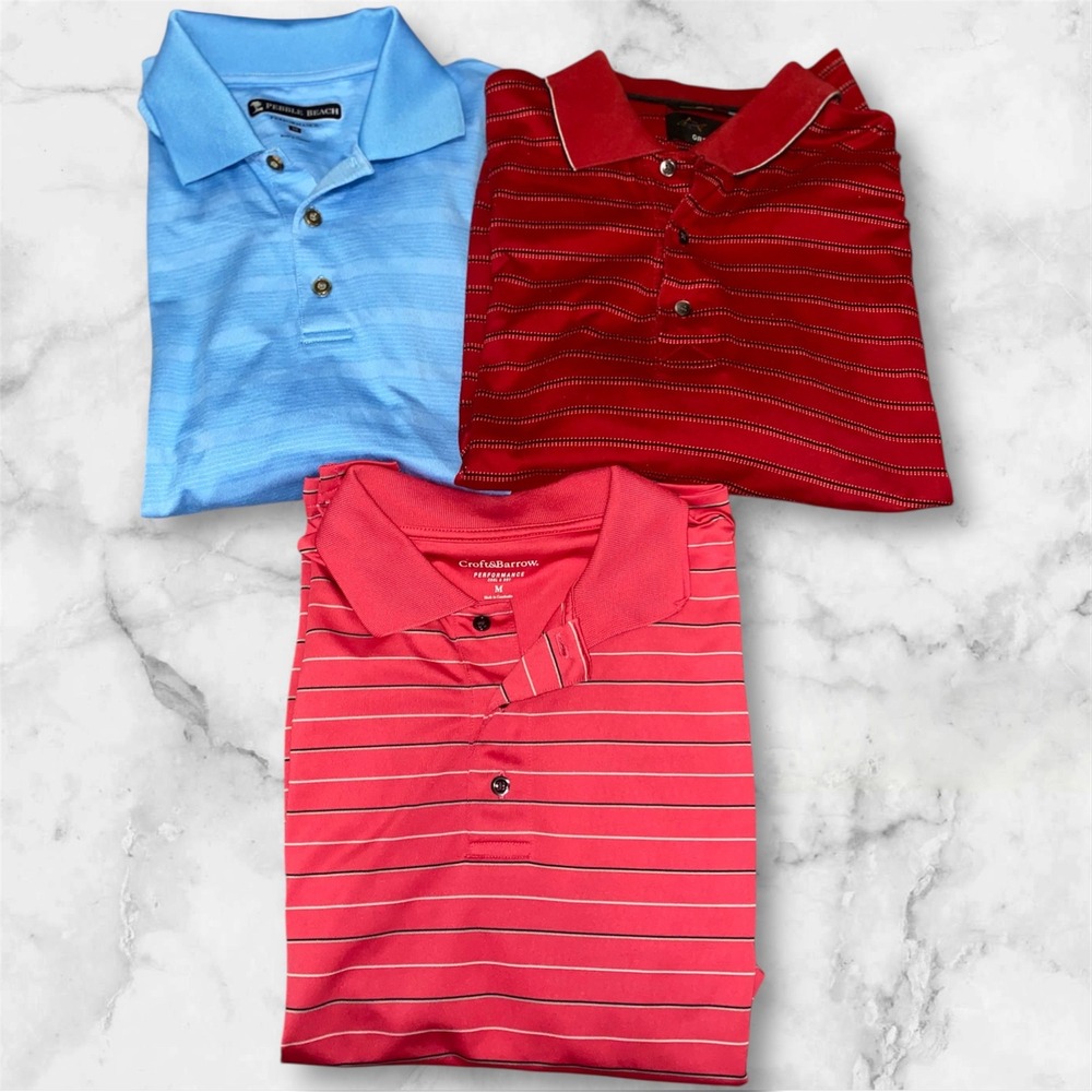 Pebble‎ Beach & more Polo Shirt Lot Performance Striped Golf Casual Mens Size M